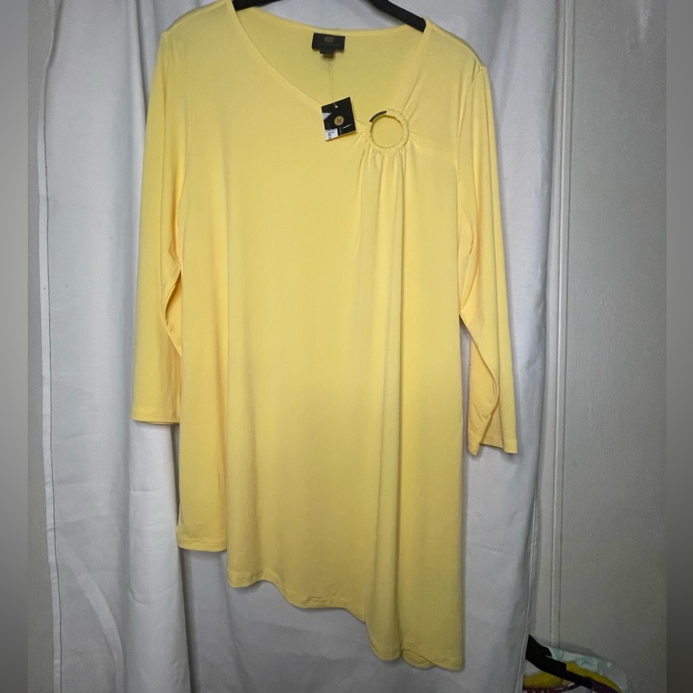 NWT JM Collection Bright Yellow Asymmetrical 3/4 Sleeve Tunic w Ring Size Large